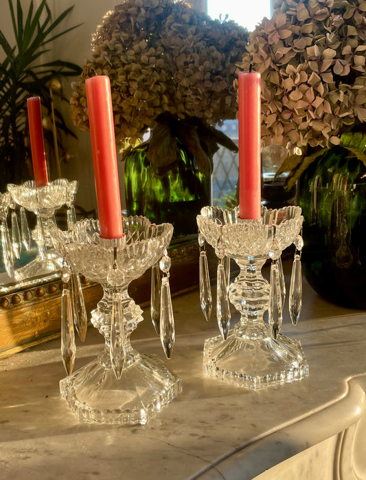 Beautiful pair of crystal candle holders with removable tassels.