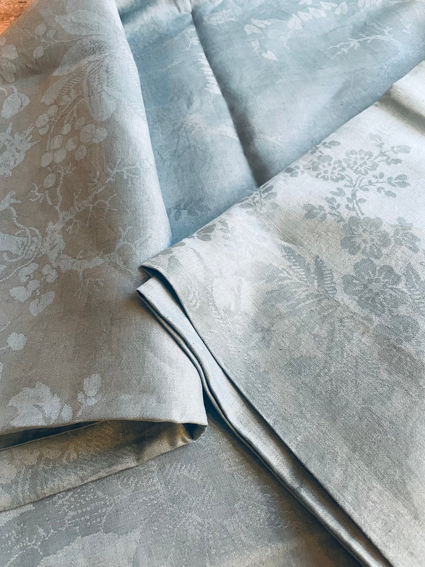 Very large rectangular blue-gray linen tablecloth