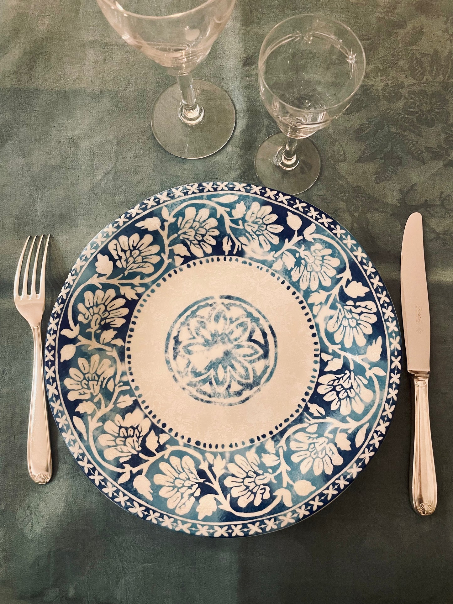 Very large rectangular blue-gray linen tablecloth